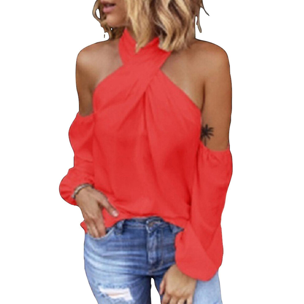 (2XL, Red) Womens Halter Neck Cold Shoulder Tops-image-OPC-PFTMVQ7-NEW