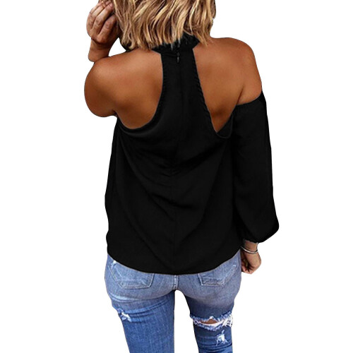 (S, Black) Womens Halter Neck Cold Shoulder Tops 1