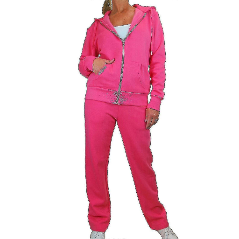 (UK 12-14, Hot Pink) Womens Soft Fleece Back Tracksuit Set Ladies 2 Piece Hooded Zip Top And Jogging Bottom Loungewear Sweatsuit