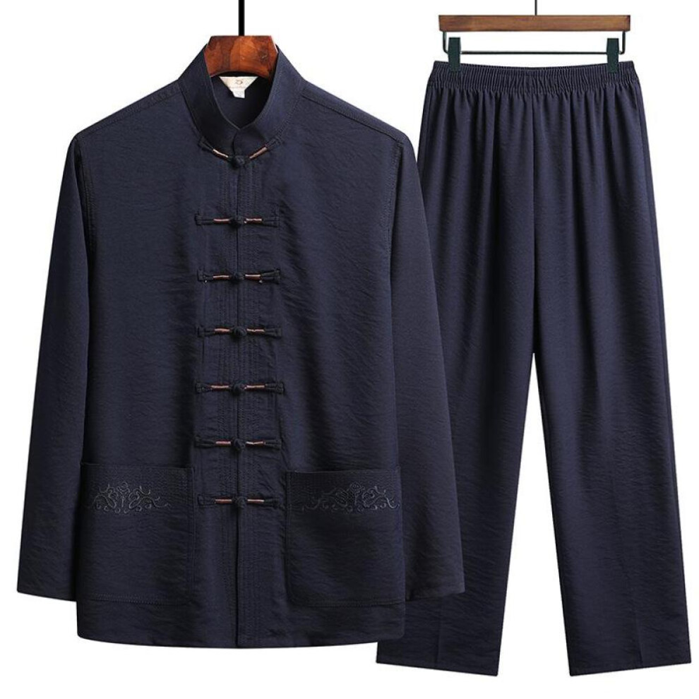 (navy blue, 175) Chinese Traditional Clothing Set Man Fall Linen Buckle Kung Fu Shirt Oriental Retro Top Pants Tai Chi Breathable Uniforms Hanfu
