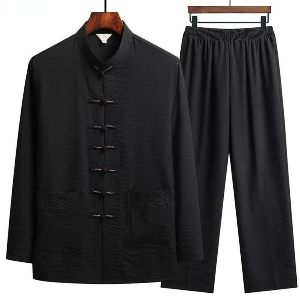(black, 175) Chinese Traditional Clothing Set Man Fall Linen Buckle Kung Fu Shirt Oriental Retro Top Pants Tai Chi Breathable Uniforms Hanfu