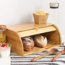 MantraRaj Bamboo Bread Bin Storage Counter Top Roll Top Bread Box Food Storage Containers Wooden Kitchen Storage Bin
