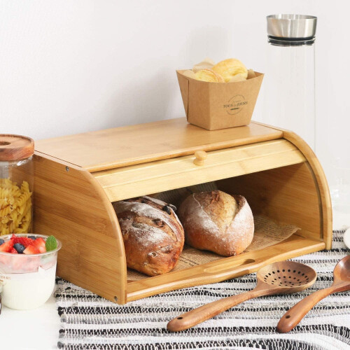 MantraRaj Bamboo Bread Bin Storage Counter Top Roll Top Bread Box Food Storage Containers Wooden Kitchen Storage Bin