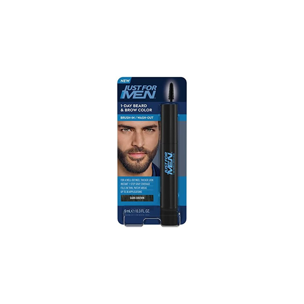 Just For Men 1-Day Beard and Brow Colour Brush, For Instant 1-Step Grey Coverage, Brush-In, Wash-Out, For A Thicker Well-Defined Look, Dark Brown