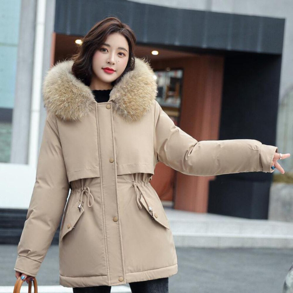 (khaki, S) Women&apos;s Winter Plus Velvet Large Fur Collar Slim Slimming Mid-length Cotton Jacket M-3xl
