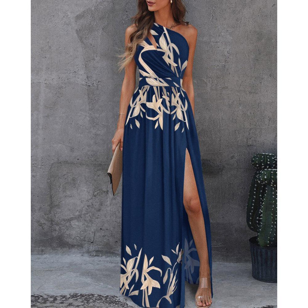 (navy blue, M) Summer Elegant One Shoulder High Slit Cutout Maxi Party Dress Women Long Wedding Evening Sexy Robes