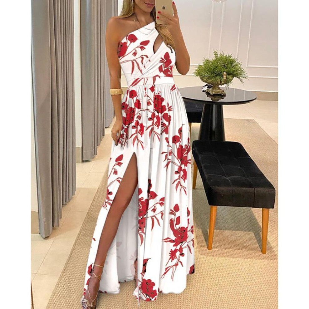 (white,red, S) Summer Elegant One Shoulder High Slit Cutout Maxi Party Dress Women Long Wedding Evening Sexy Robes