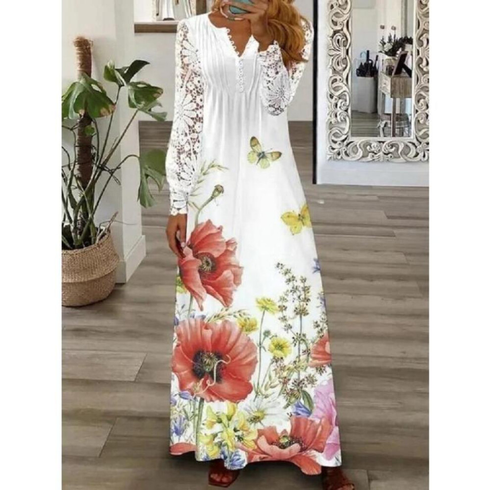 (white,yellow, L) Spring And Autumn Women&apos;s Dress Fashion Temperament Flower Petal Sleeve Long Sleeve Dresses Long Dresses