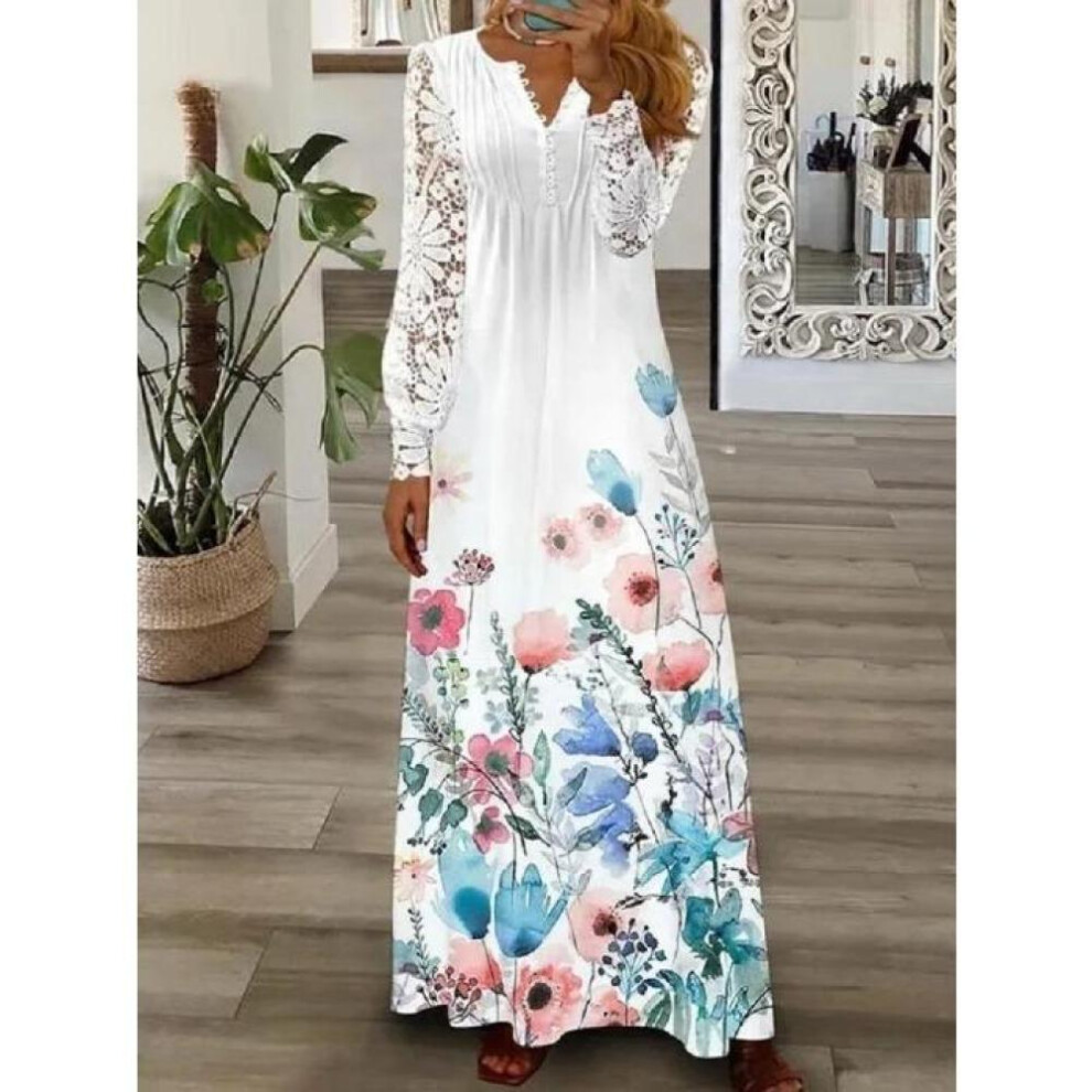 (pink,blue, L) Spring And Autumn Women&apos;s Dress Fashion Temperament Flower Petal Sleeve Long Sleeve Dresses Long Dresses