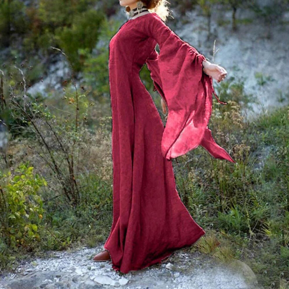 (wine, S) Women Fall Winter  Gothic Retro Solid Long Sleeve Ball Gowns Maxi Dress
