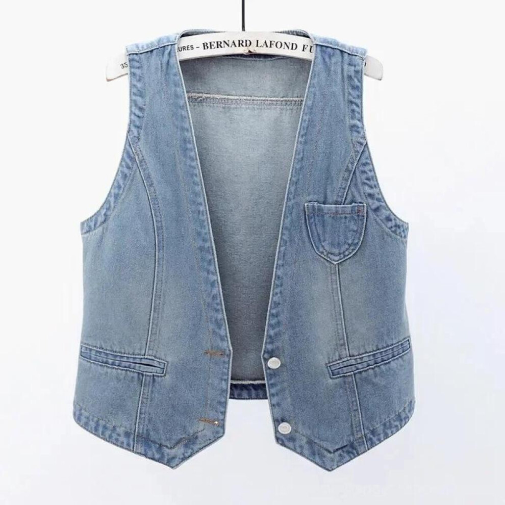 (light blue, XL) Threethree Denim Vest Women&apos;s Short Spring And Autumn All-match Slim Sleeveless Jacket Vest Single-breasted Solid Color Top