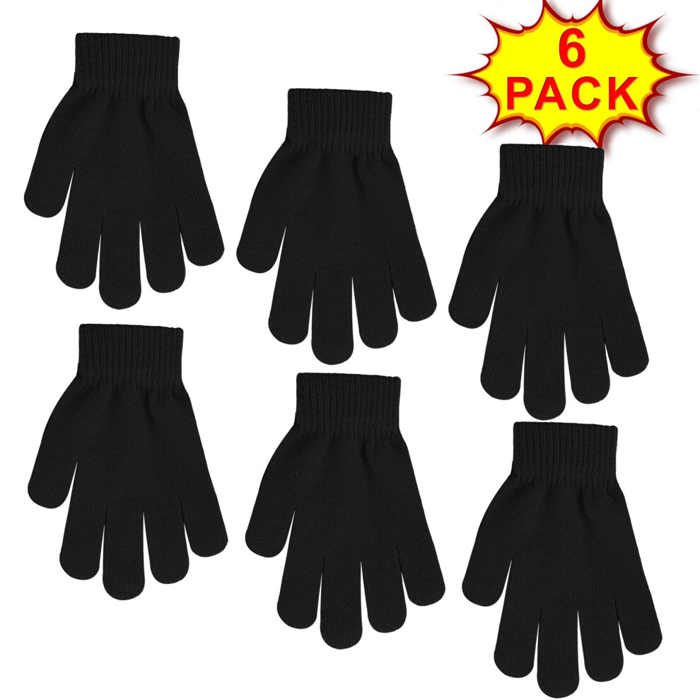(Black, 6 Pack) Kids Magic Gloves Unisex Boys Girls Warm Stretchy