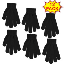 (Black, 12 Pack) Kids Magic Gloves Unisex Boys Girls Warm Stretchy