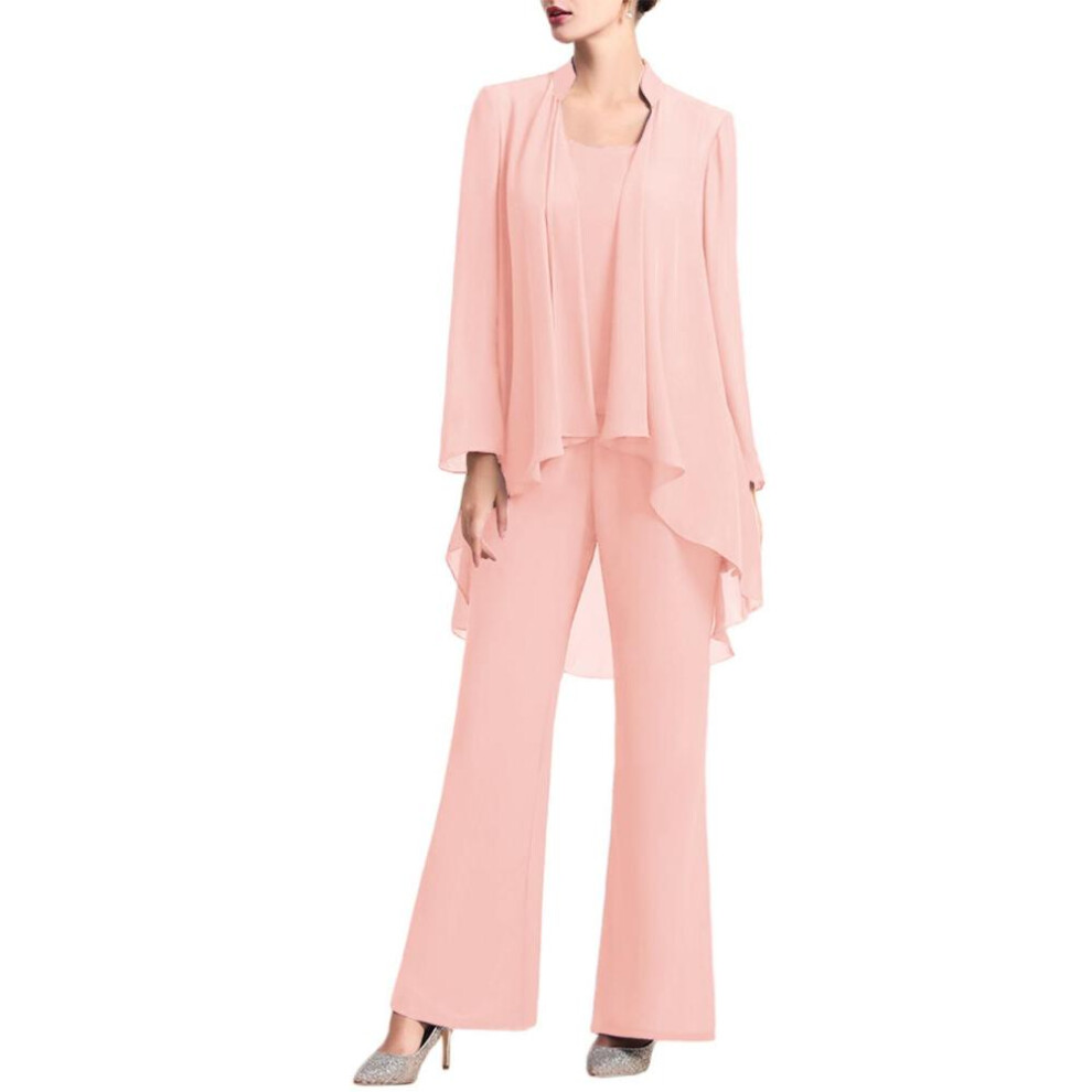 (pink, M) Womens 3 Pieces Chiffon Mother Of The Bride Pants Suits For Wedding Guest Formal Evening Gown