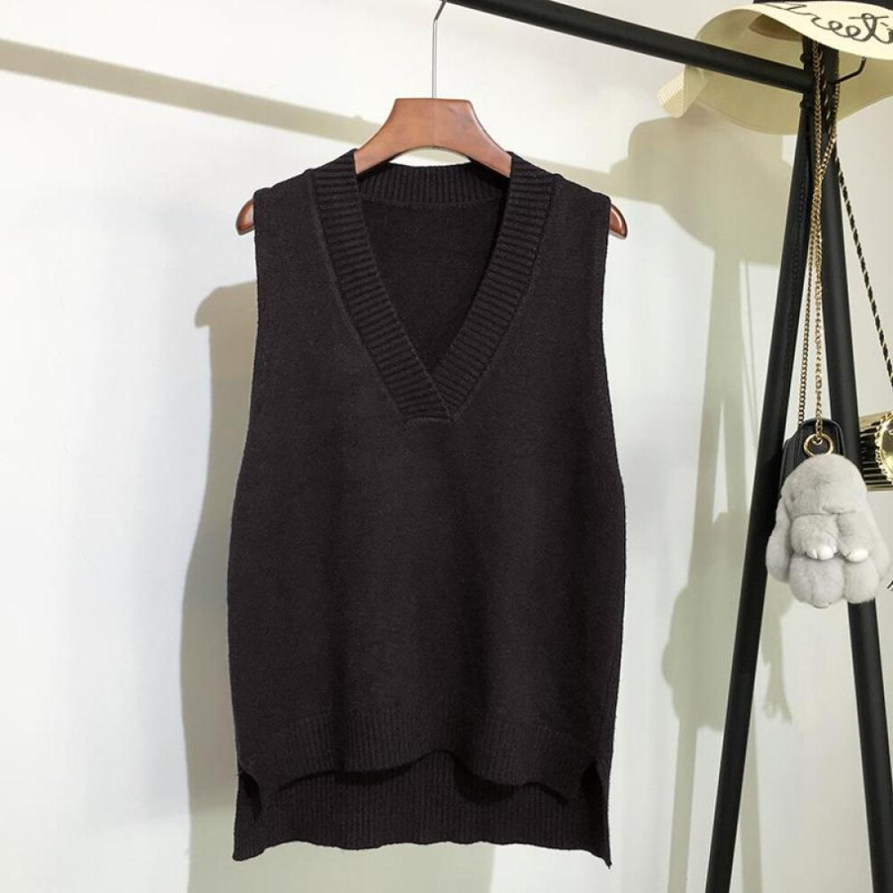 (black, L) Chic V-neck Knitted Vest Womens Sweater Autumn And Winter New Loose Pullover Sweater Vest Casual Warm Sleeveless Sweaters 11810