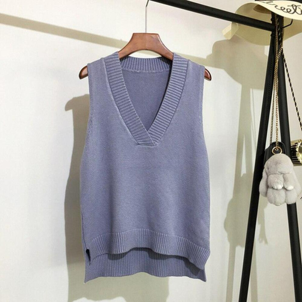 (blue-gray, M) Chic V-neck Knitted Vest Womens Sweater Autumn And Winter New Loose Pullover Sweater Vest Casual Warm Sleeveless Sweaters 11810