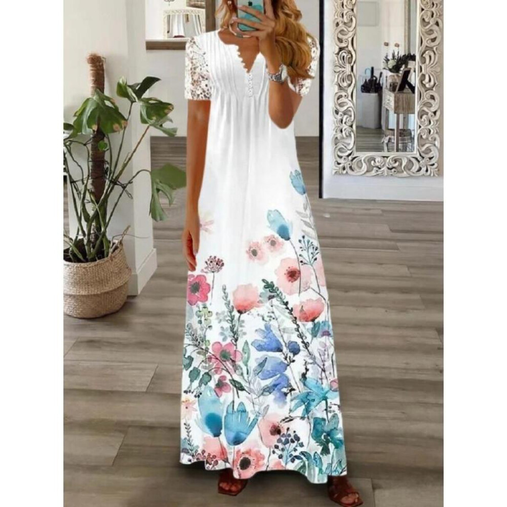 (floral, XXL) 2023 Spring Printed Dress Sexy Women Fashion Summer Short Sleeve Long Dress Women A-line Loose Robe Clothes Elegant  26019
