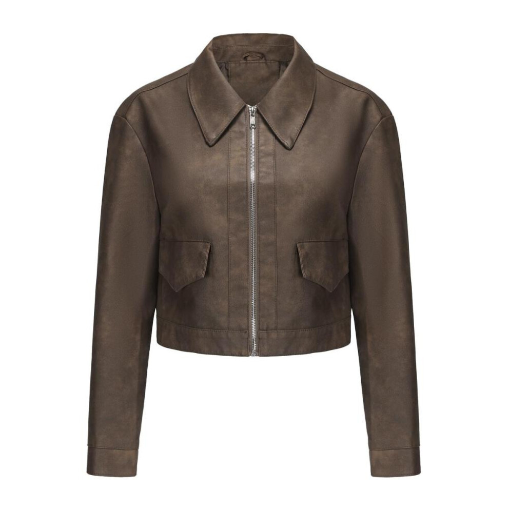 (taupe, XL) Faux Leather Jackets for Women Thin Crop Top Short Jacket Long Sleeves Lapel Zipper Coat Casual Stylish Outer Wear