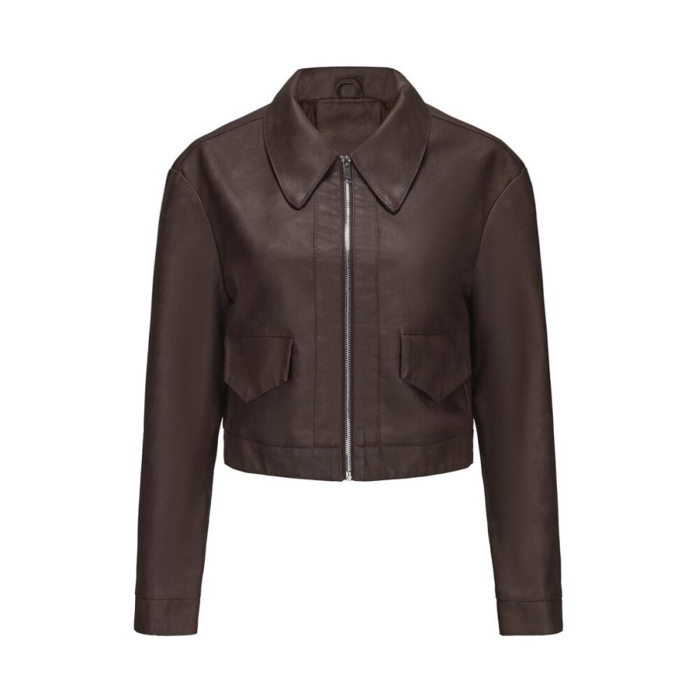 (coffee, 3XL) Faux Leather Jackets for Women Thin Crop Top Short Jacket Long Sleeves Lapel Zipper Coat Casual Stylish Outer Wear