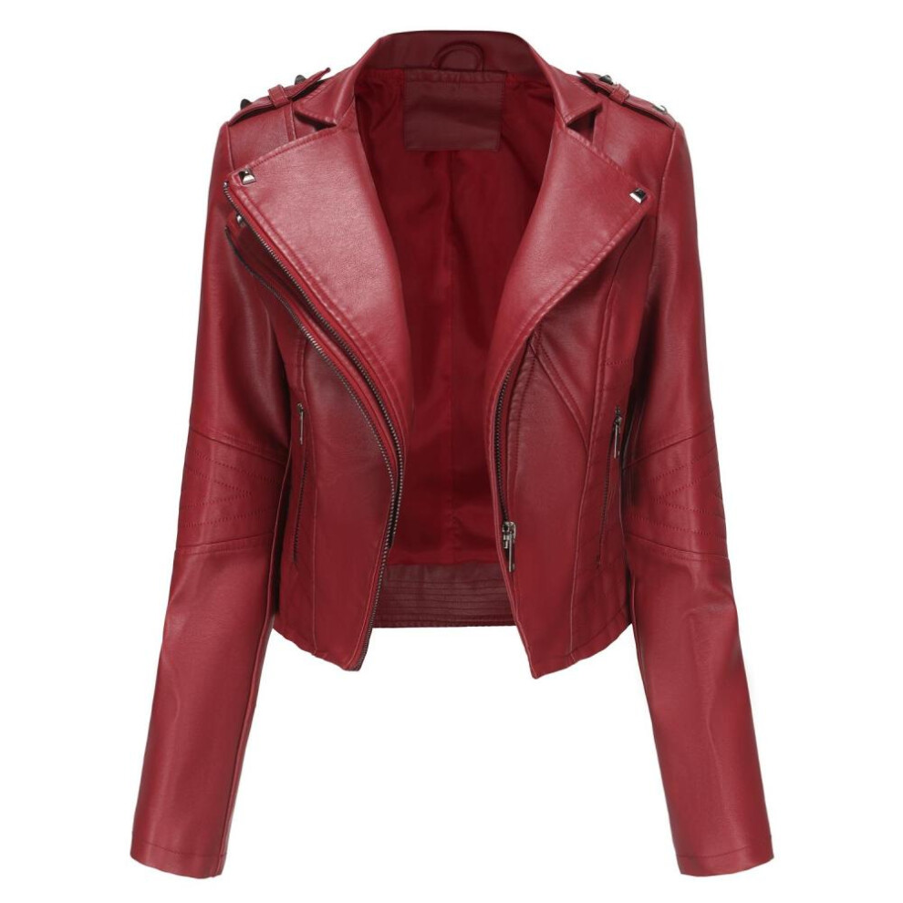 (burgundy, M) Women's Jackets Rivets Faux Leather Lapel Zipper Bomber Jacket Short Slim Fit Motorcycle Coat Casual Street Outer Wear