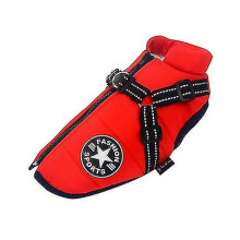 (Red, S) Large Pet Dog Jacket With Harness Winter Warm Dog Clothes Waterproof