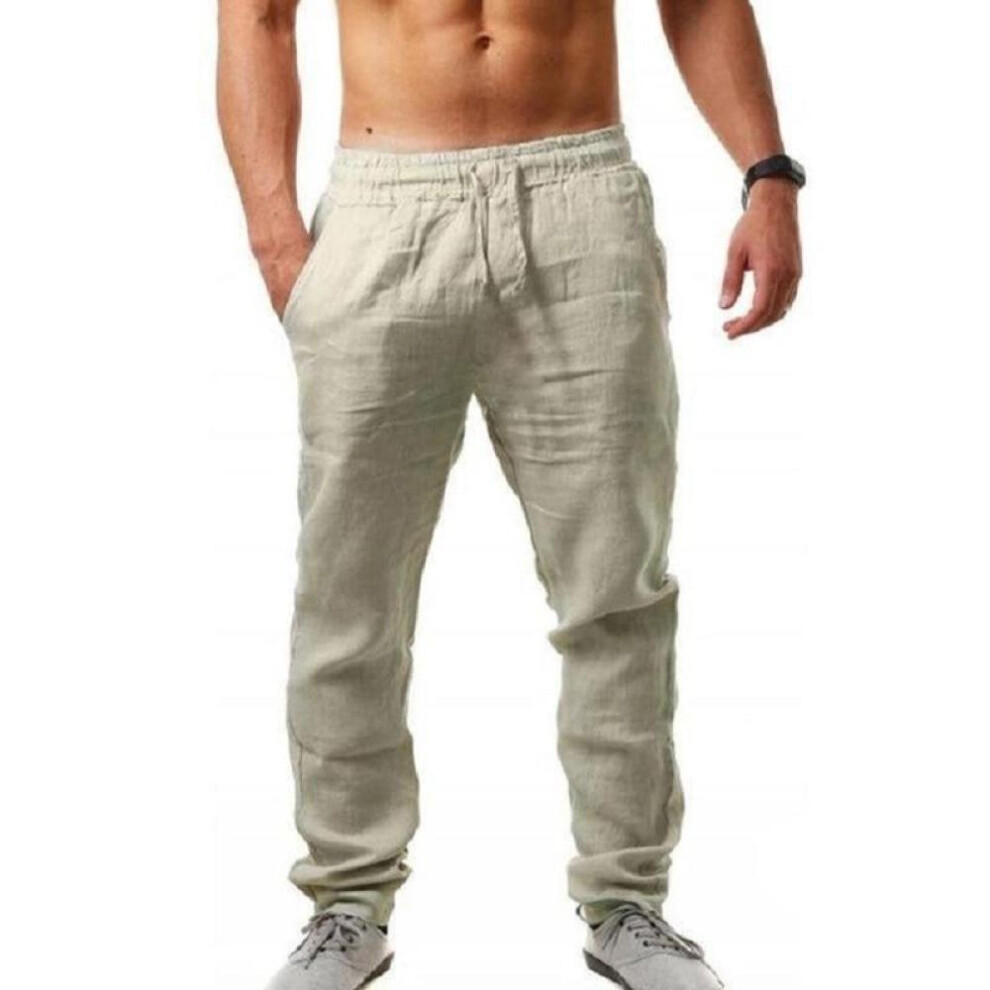 (light khaki, S) Men&apos;s Cotton Linen Pants Male Autumn New Breathable Solid Color Linen Trousers Fitness Streetwear S-3xl