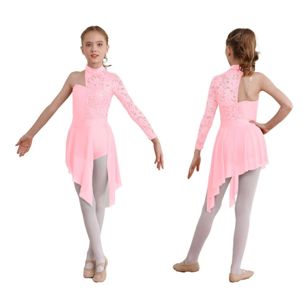 (pink, 13-14 Years) Gymnastics Leotards For Girls Asymmetrical Long Sleeve Ballet Lyrical Dance Dress Figure Skating Stage Costume