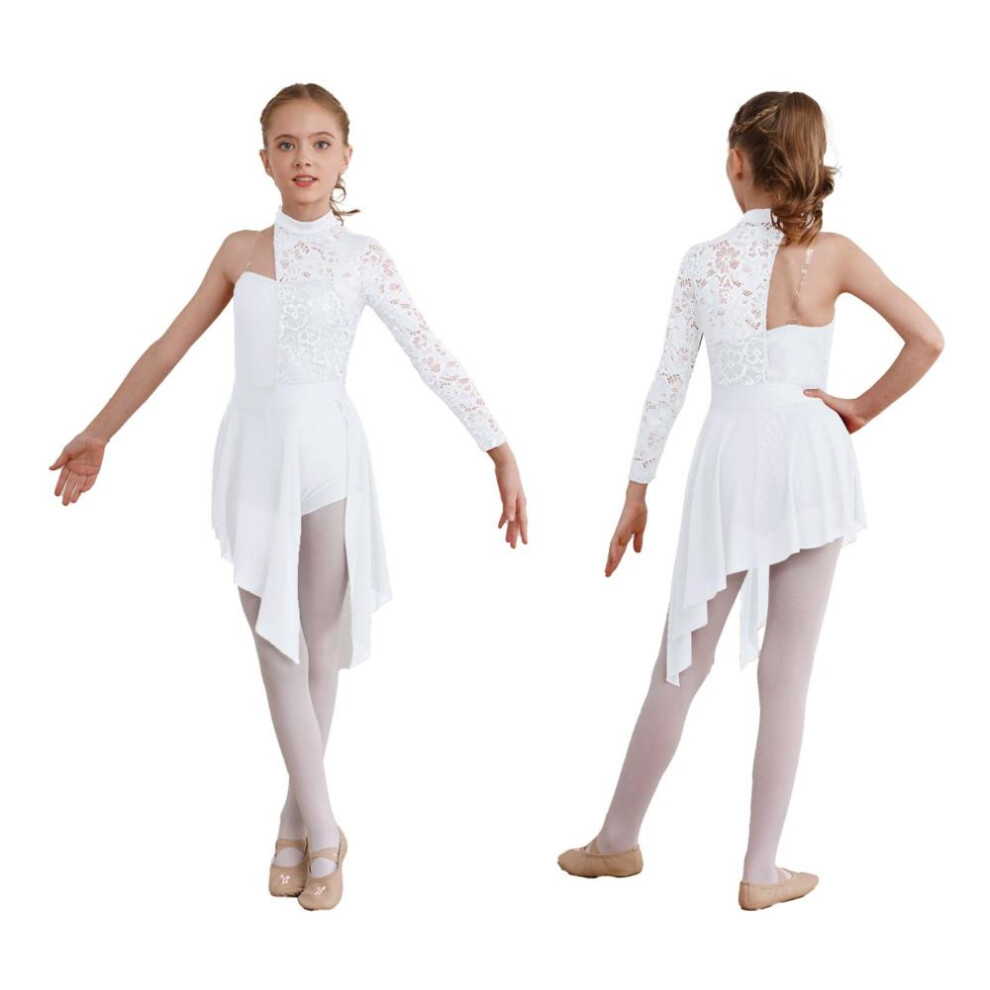 (white, 9-10 Years) Gymnastics Leotards For Girls Asymmetrical Long Sleeve Ballet Lyrical Dance Dress Figure Skating Stage Costume