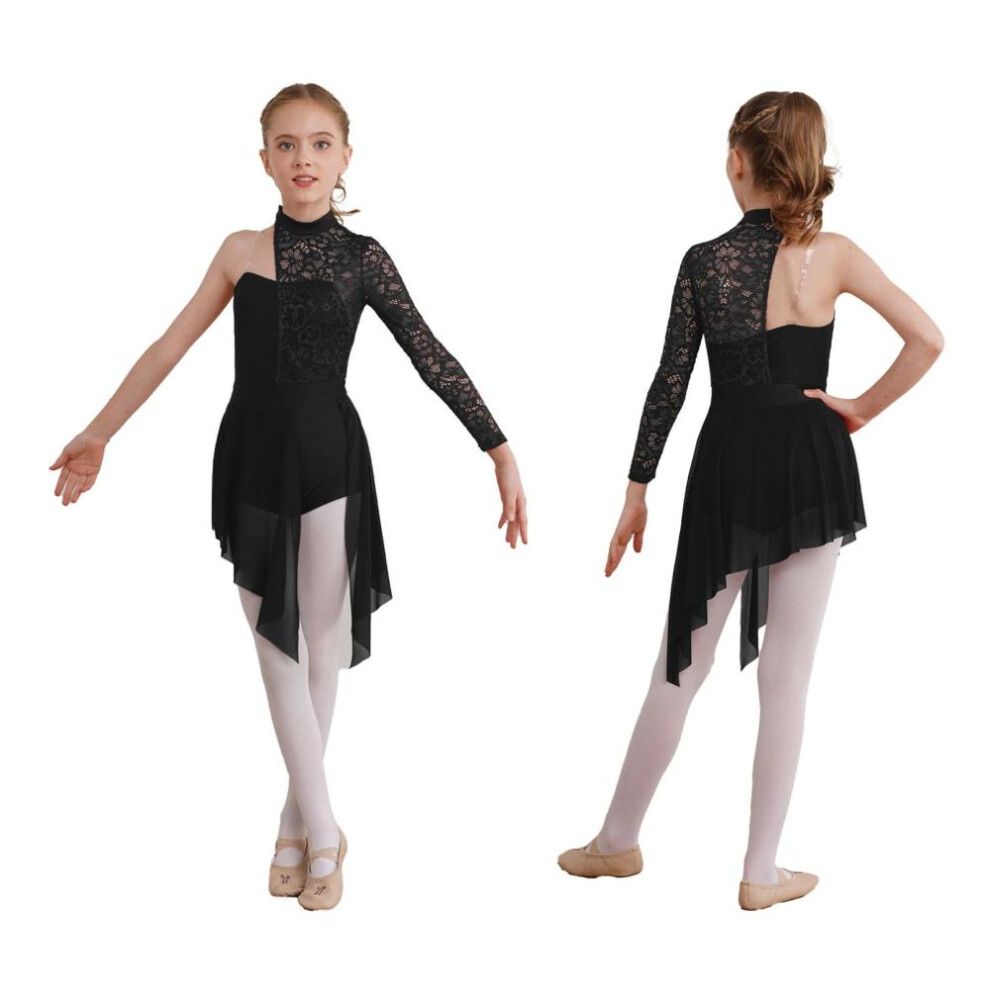 (black, 5-6 Years) Gymnastics Leotards For Girls Asymmetrical Long Sleeve Ballet Lyrical Dance Dress Figure Skating Stage Costume