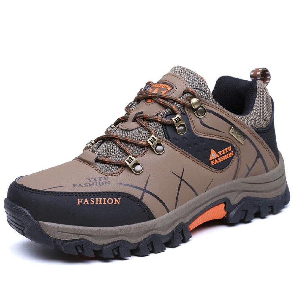 (khaki, 44) Men&apos;s Hiking Boots Waterproof Leather Boots Non-slip Large Size Boots 46.47