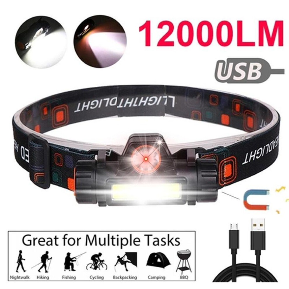 (black) 12000lm Waterproof Powerful Led Headlamp Xpe + Cob Usb Rechargeable Headlight Head Torch Head Lamp