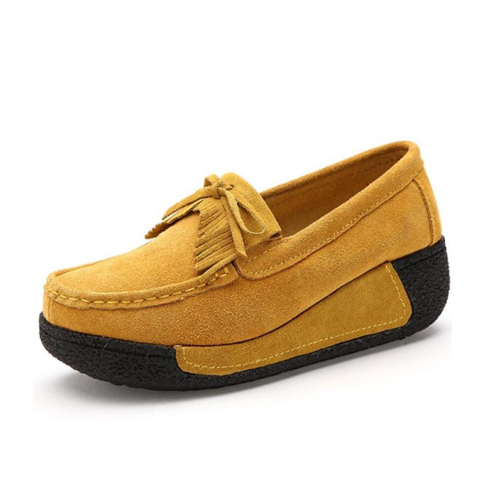 (yellow, 38) Summer Women Casual Shoes Suede Leather Slip-on Flats Platform Loafers