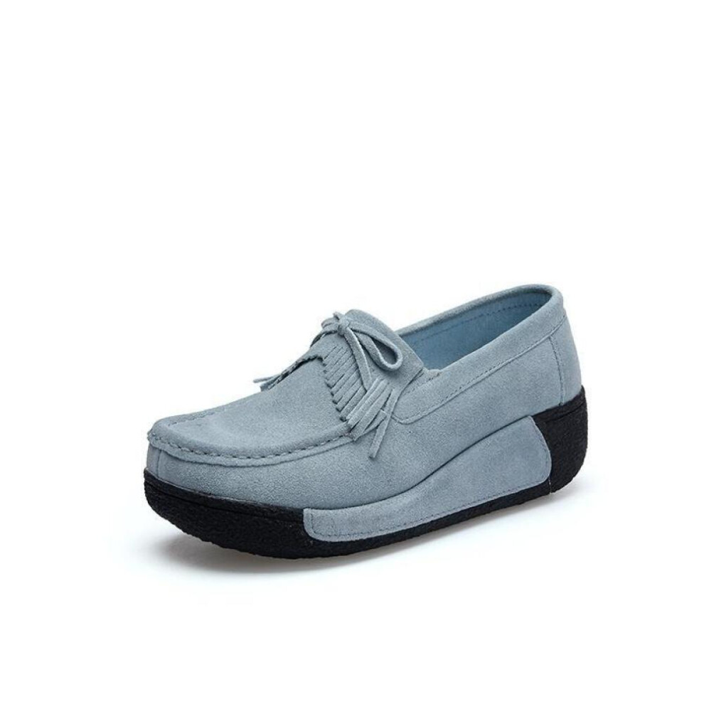 (light blue, 38) Summer Women Casual Shoes Suede Leather Slip-on Flats Platform Loafers