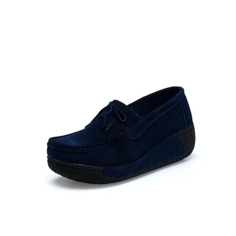 (dark blue, 36) Summer Women Casual Shoes Suede Leather Slip-on Flats Platform Loafers