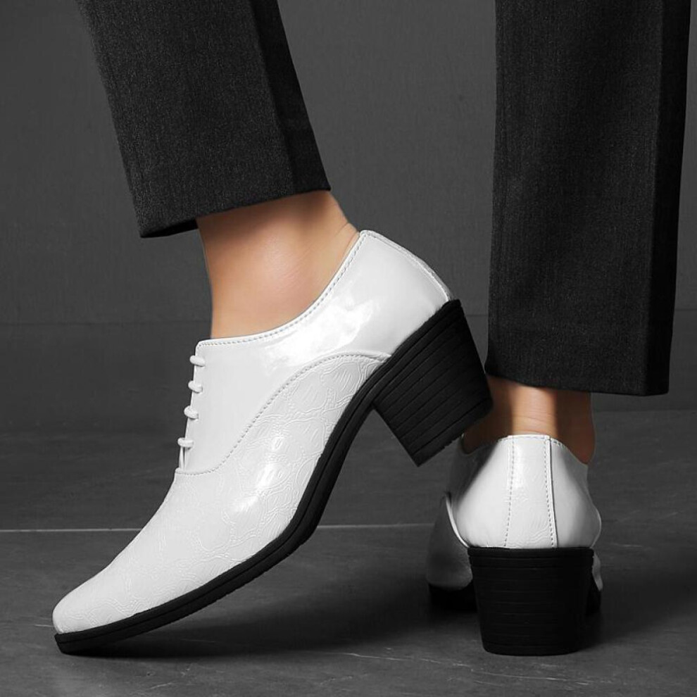 (white, EU:46) Men High Heels Wingtip Laces Black Patent Leather Derby Wedding Dress Dance Business Formal Elevator Shoes Height Increase Tuxedo Prom Blazers Shoes