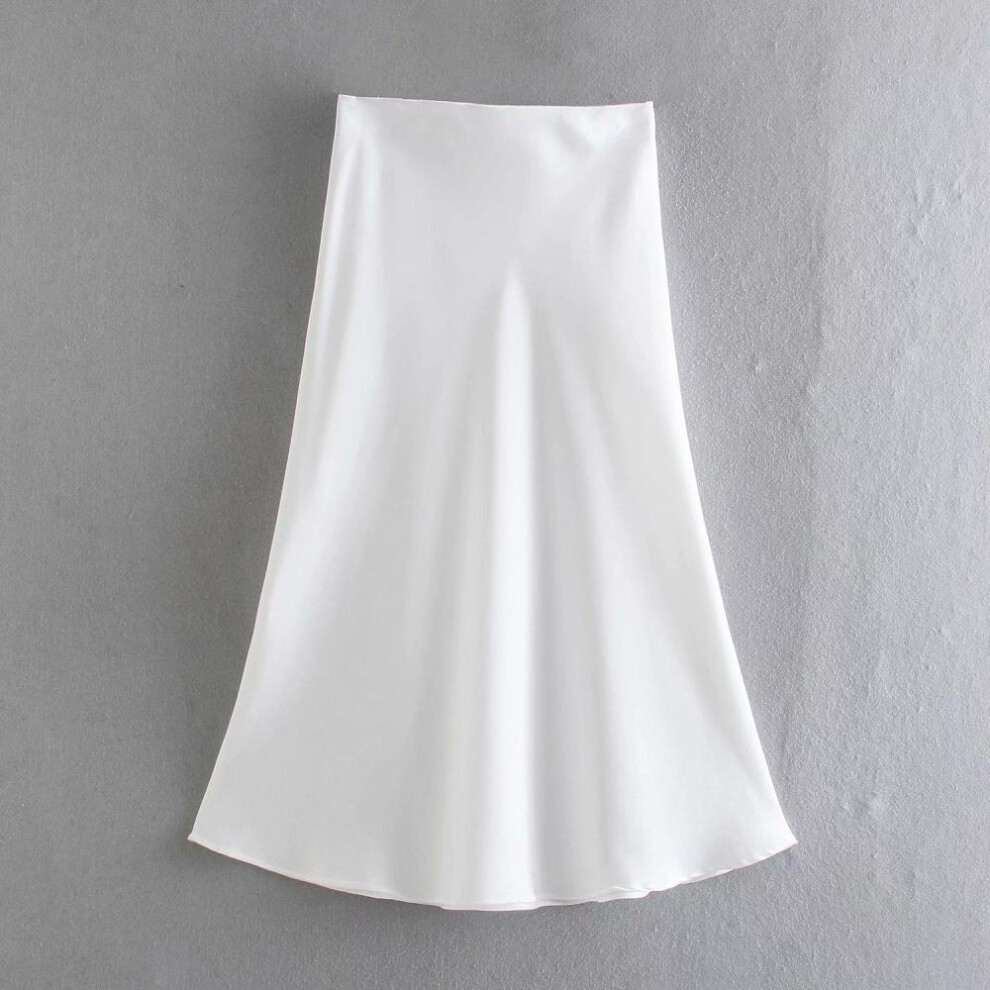 (white, S) Women Solid Color Quality Satin Midi Skirt Vintage Zipper Elegant Chic A-line Skirts