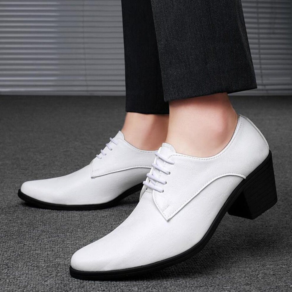 (white, EU:44) Men High Heels White Leather Derby Wedding Dress Dance Business Formal Elevator Shoes Height Increase Tuxedo Prom Blazers Shoes For Man