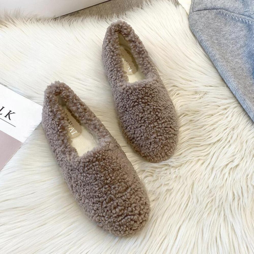 (khaki, 35) Luxury Lambwool Moccasins Femme Winter Cotton Shoes Women Warm Plush Loafers Comfy Curly Sheep Fur Flats Woman Large Size 40-43