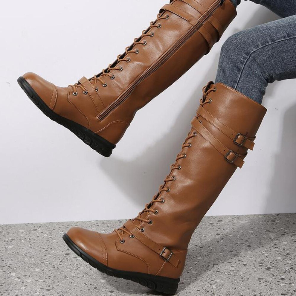 (yellow, 42) Womens High-top Boot Fashion Pu Leather Zip High Heel Faux Leather Thick Heel Boots Shoes Plus Size