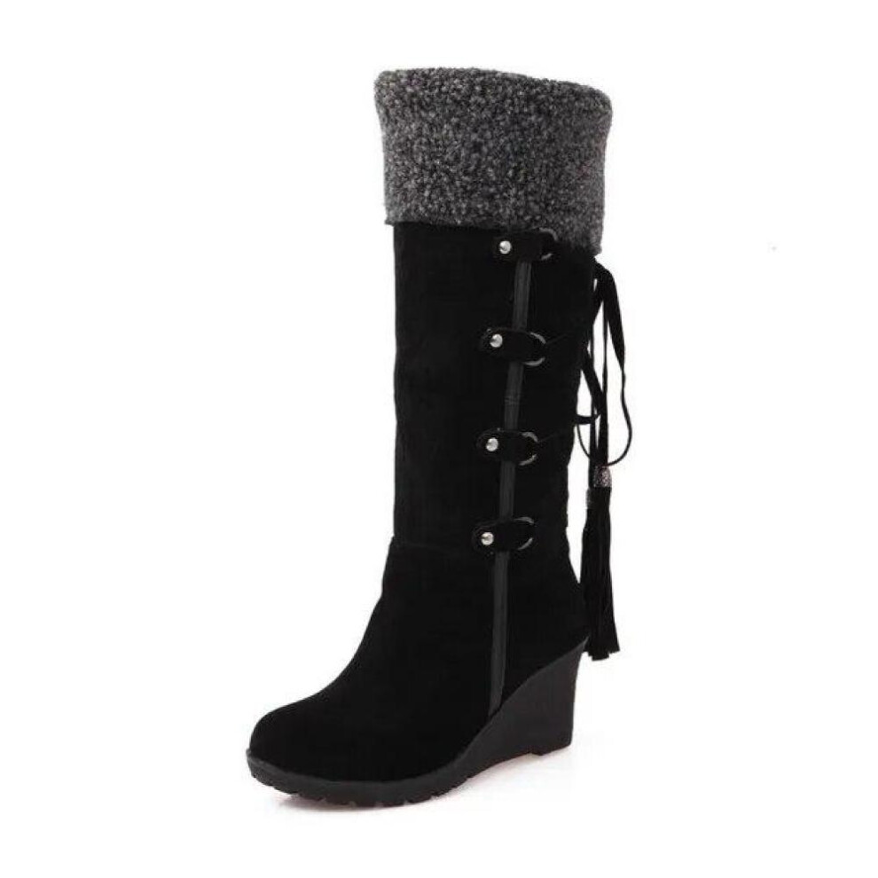 (black, 35) Women&apos;s High Boots 2023 Winter Fashion Lace-up Tassel Long Boots Women Platform Wedge Snow Boots Warm Cotton Boots