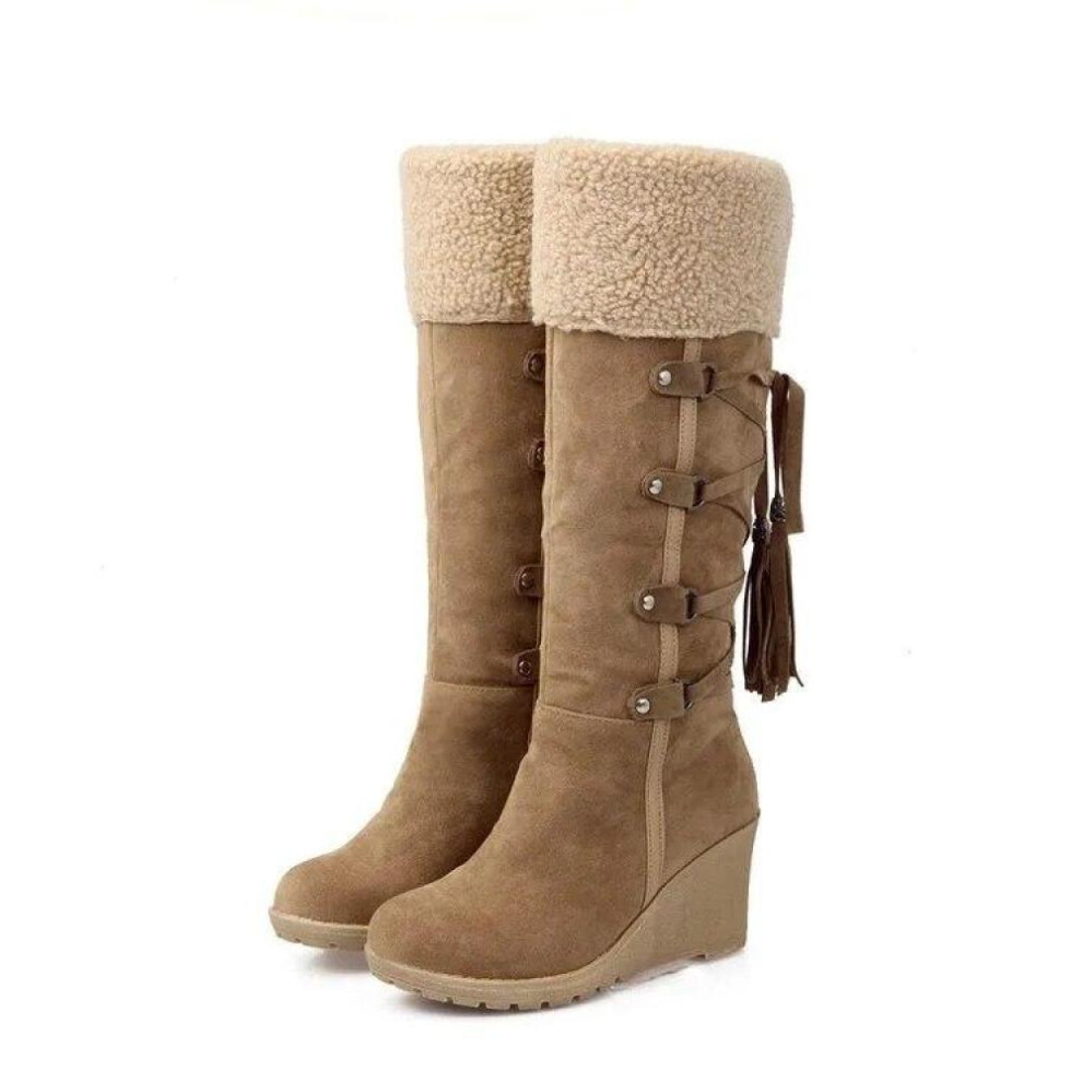 (brown, 38) Women&apos;s High Boots 2023 Winter Fashion Lace-up Tassel Long Boots Women Platform Wedge Snow Boots Warm Cotton Boots