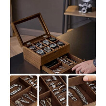 Watch Box Organiser with 8 Slots, 2-Tier Rustic Walnut Wooden Case