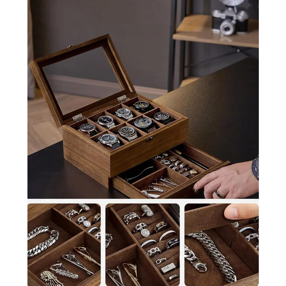 Watch Box Organiser with 8 Slots, 2-Tier Rustic Walnut Wooden Case