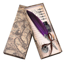 (Purple) Antique Quill Feather Pen Set, Fountain Pen Set Writing Quill