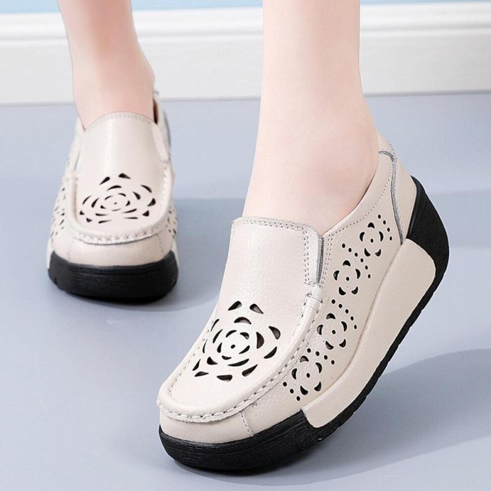 (ivory, 36) Ladies Platform Loafers Casual Elegant Black Cow Leather Women Summer Height Increase Thick Sole Shake Shoe