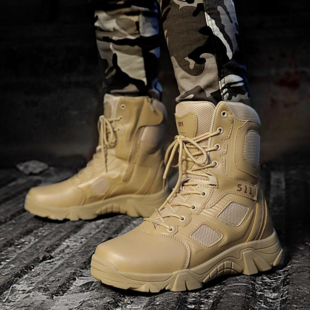 (beige, EU: 46) Tactical Combat Boots Men Lightweight Tactical Military Boots Breathable Military Tactical Work Boots With Side Zipper - Heavy-duty Leather Boots