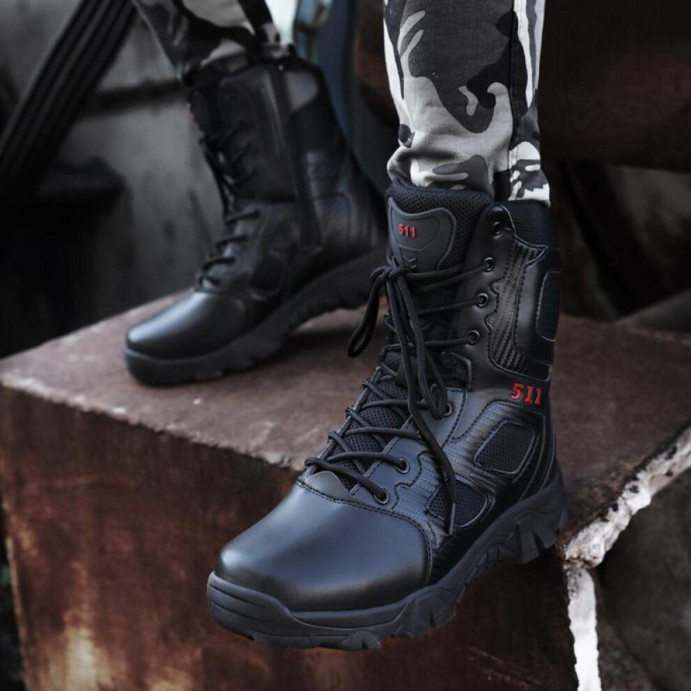(black, EU: 41) Tactical Combat Boots Men Lightweight Tactical Military Boots Breathable Military Tactical Work Boots With Side Zipper - Heavy-duty Leather Boots