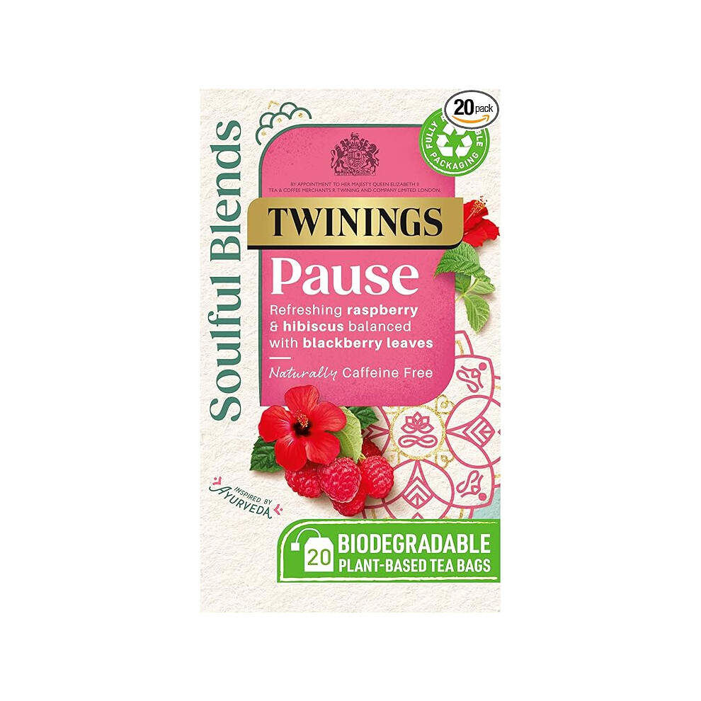 Twinings Soulful Blends Pause Inspired by Ayurveda  Refreshing Raspberry & Hibiscus Herbal Tea Infusion Blackberry Leaves  20 x Biodegradable Tea Bags