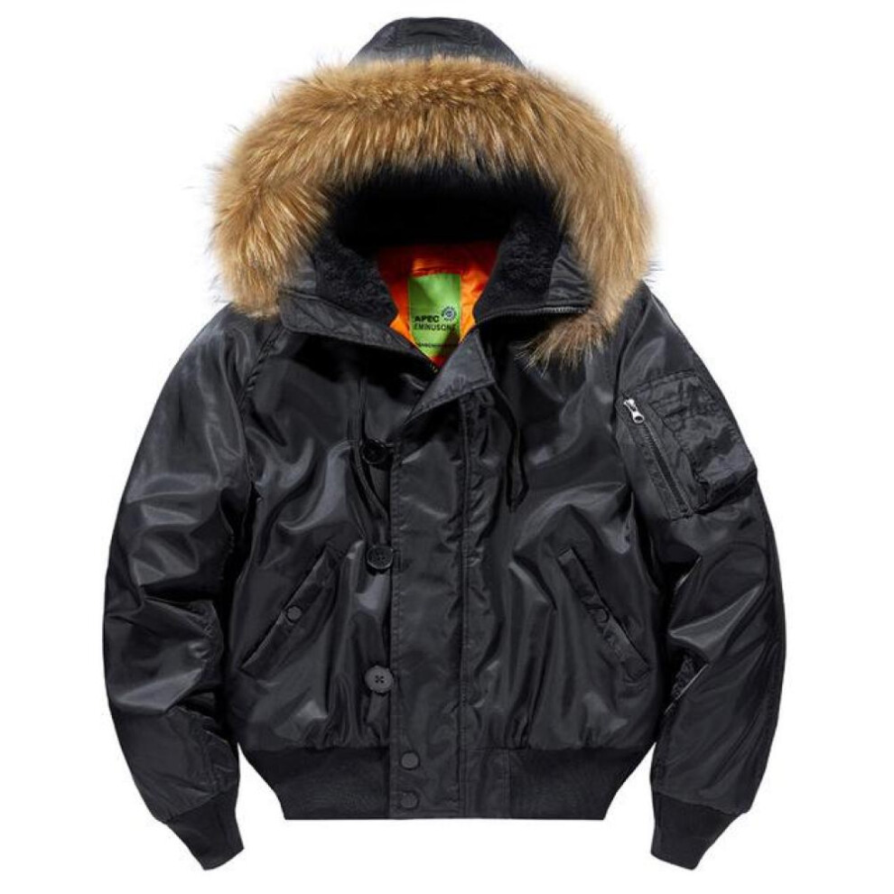 (black, XXL) Fur Collar Hooded  Coat Military Fur Hood Warm Tactical Bomber Jackets Warm Windproof Flight Pilot Jacket Thickened Air Force Jacket For Men