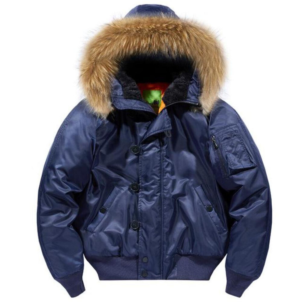 (blue, XL) Fur Collar Hooded  Coat Military Fur Hood Warm Tactical Bomber Jackets Warm Windproof Flight Pilot Jacket Thickened Air Force Jacket For Men
